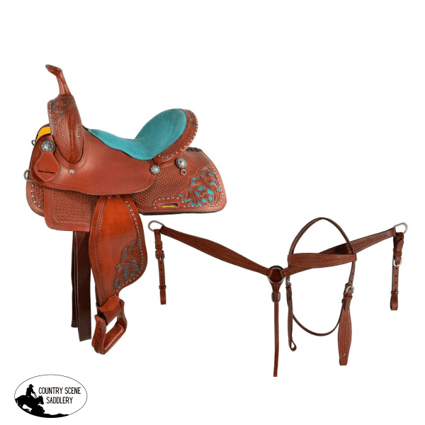 15 16 Semi Qh Economy Barrel Saddle Set Features Combo Basketweave/Floral Tooling And Painted Teal