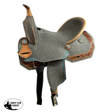 15" Double T Gray Suede Barrel Style Saddle With Teal Buckstitching. - Country Scene Saddlery and Pet Supplies
