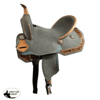 15 Double T Gray Suede Barrel Style Saddle With Teal Buckstitching. Western Saddles