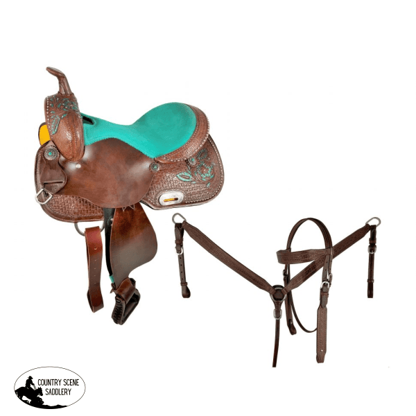 15 Economy Barrel Saddle Set Features Combo Basketweave/Floral Tooling And Painted Teal Accents.