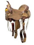 14", 15", 16" Double T Hard Seat Barrel style saddle with Cheetah Seat and leather tassels. - Country Scene Saddlery and Pet Supplies