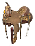 10 inch Double T Hard Seat Barrel style saddle with Cheetah Seat and leather tassels. - Country Scene Saddlery and Pet Supplies