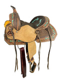 12" Double T Youth Hard Seat Western saddle with teal arrow Accents - Country Scene Saddlery and Pet Supplies