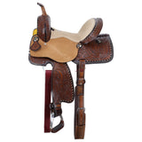 New! Double T Feathered Buckskin Barrel Style Saddle - 15 Inch - 10.88 KG - Country Scene Saddlery and Pet Supplies