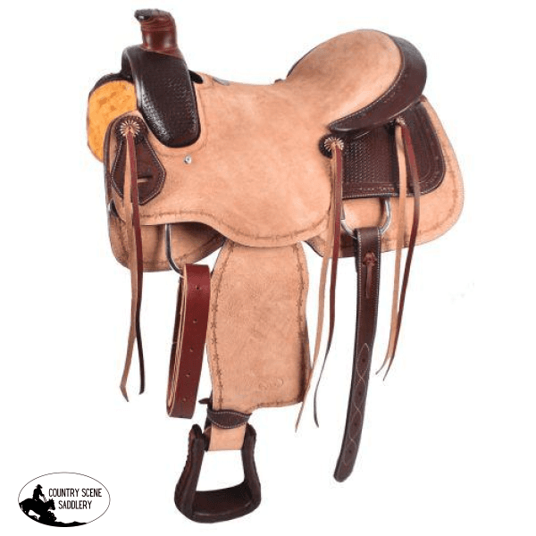 16 17 Circle S Roping Saddle. This Saddle Features Basketweave Tooled Top Skirt And Roughout Bottom