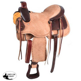 16", 17" Circle S Roping Saddle. This saddle features basketweave tooled top skirt and roughout bottom skirt with barbwire tooling. - Country Scene Saddlery and Pet Supplies