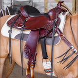 Shop the Kingsley Flex2 Trail Saddle at Country Scene Saddlery. Secure Western trail saddle with Flex2 tree, Tunnel Skirt, Impact Foam seat, chestnut leather, and floral tooling.