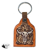 177928 Showman ® Cow Tag Shaped White Painted Tooled Leather Cow Skull Keychain Handbags Wallets &