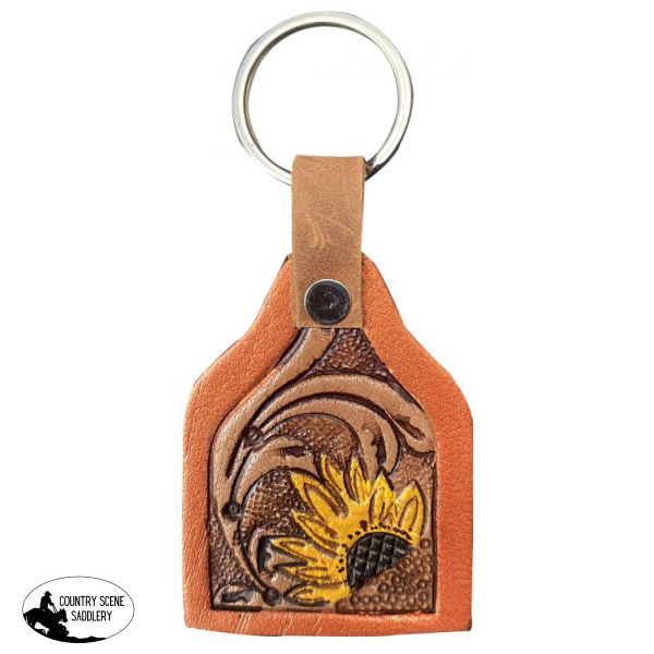 177929 Showman ® Cow Tag Shaped Painted Sunflower Tooled Leather Keychain Handbags Wallets & Cases