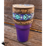 178302 30 oz Insulated Purple Tumbler with Removable beaded Leather Aztec Print Sleeve. - Country Scene Saddlery and Pet Supplies