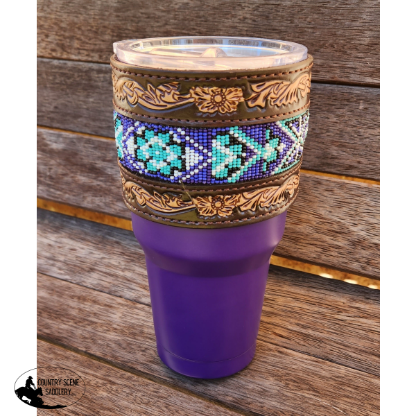 178302 30 Oz Insulated Purple Tumbler With Removable Beaded Leather Aztec Print Sleeve. Gift Ware