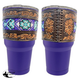 178302 30 Oz Insulated Purple Tumbler With Removable Beaded Leather Aztec Print Sleeve. Gift Ware