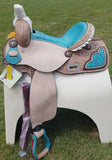 14", 15", 16" Double T Barrel Style Saddle with Filigree Print Seat. - Country Scene Saddlery and Pet Supplies