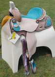 14", 15", 16" Double T Barrel Style Saddle with Filigree Print Seat. - Country Scene Saddlery and Pet Supplies