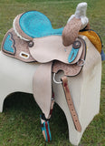 14", 15", 16" Double T Barrel Style Saddle with Filigree Print Seat. - Country Scene Saddlery and Pet Supplies