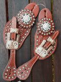 Showman™ Ladies Tooled Leather Spur Straps with Vintage Style Buckle and Crystal Rhinestone Conchos. - Country Scene Saddlery and Pet Supplies