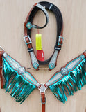 NEW! Showman ® Pony Size Headstall and breast collar set with holographic snake print and metallic color fringe. - Country Scene Saddlery and Pet Supplies
