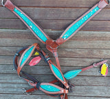 NEW! Showman® Teal Acid Wash Cowhide Inlay One Ear headstall and breast collar set. - Country Scene Saddlery and Pet Supplies