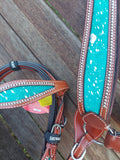 NEW! Showman® Teal Acid Wash Cowhide Inlay One Ear headstall and breast collar set. - Country Scene Saddlery and Pet Supplies