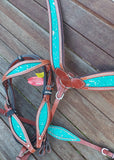 NEW! Showman® Teal Acid Wash Cowhide Inlay One Ear headstall and breast collar set. - Country Scene Saddlery and Pet Supplies