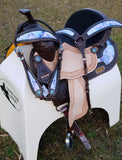 CSSB05 Purple and Turquoise Swirl Barrel Saddle- Roughout - Country Scene Saddlery and Pet Supplies