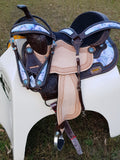 CSSB05 Purple and Turquoise Swirl Barrel Saddle- Roughout - Country Scene Saddlery and Pet Supplies