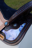 CSSB05 Purple and Turquoise Swirl Barrel Saddle- Roughout - Country Scene Saddlery and Pet Supplies