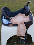 CSSB05 Purple and Turquoise Swirl Barrel Saddle- Roughout - Country Scene Saddlery and Pet Supplies