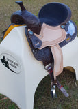 CSSB05 Purple and Turquoise Swirl Barrel Saddle- Roughout - Country Scene Saddlery and Pet Supplies