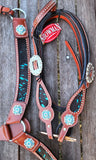 NEW! Showman ® Teal Acid Wash Cowhide Inlay One Ear headstall - Country Scene Saddlery and Pet Supplies