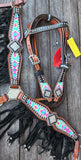 NEW! Showman ® Pony Size Pyschedelic Tie Dye browband headstall and breast collar set with black suede leather fringe. - Country Scene Saddlery and Pet Supplies