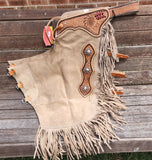 New! CH-13 Showman ® Sand Color suede chinks with Sunflower and basket Stamp tooling. - Country Scene Saddlery and Pet Supplies