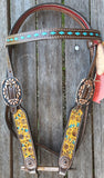 Showman ® Argentina cow leather brow band headstall with hand painted sunflowers. - Country Scene Saddlery and Pet Supplies