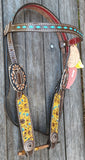 Showman ® Argentina cow leather brow band headstall with hand painted sunflowers. - Country Scene Saddlery and Pet Supplies