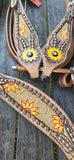 Leather browband headstall with beaded sunflower design. - Country Scene Saddlery and Pet Supplies