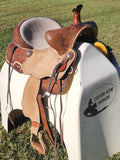 15" Double T Basket weave and Floral Tooled Barrel Style Saddle. - Country Scene Saddlery and Pet Supplies
