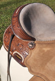15" Double T Basket weave and Floral Tooled Barrel Style Saddle. - Country Scene Saddlery and Pet Supplies
