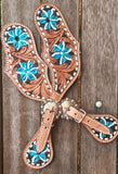 Showman ® Ladies Hand painted turquoise flower spur straps with copper hardware. - Country Scene Saddlery and Pet Supplies