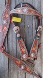 Showman ® Teal buck stitched headstall and breast collar set with engraved bronze conchos. - Country Scene Saddlery and Pet Supplies