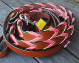 Showman ® 8ft leather braided rein with colored lacing. - Country Scene Saddlery and Pet Supplies