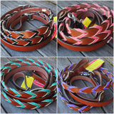 Showman ® 8ft leather braided rein with colored lacing. - Country Scene Saddlery and Pet Supplies