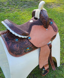 14", 15", 16" Double T barrel saddle with silver laced tan rawhide cantle, dot border on rough out fenders and jockeys. - Country Scene Saddlery and Pet Supplies