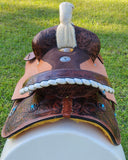 14", 15", 16" Double T barrel saddle with silver laced tan rawhide cantle, dot border on rough out fenders and jockeys. - Country Scene Saddlery and Pet Supplies