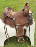 10" Double T Youth Hard Seat Barrel style saddle with Cheetah Seat. - Country Scene Saddlery and Pet Supplies