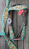 New! Showman ® Hair on Cheetah inlay with metallic teal headstall and breastcollar. - Country Scene Saddlery and Pet Supplies