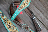 New! Showman ® Hair on Cheetah inlay with metallic teal headstall and breastcollar. - Country Scene Saddlery and Pet Supplies