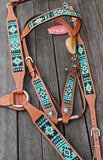 Showman® Argentina Cow Leather Headstall and breast collar set with turquoise aztec beaded inlay. - Country Scene Saddlery and Pet Supplies
