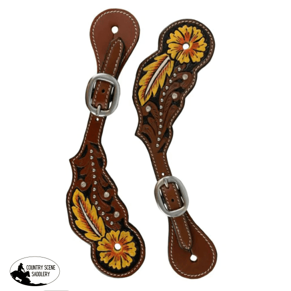202608 - Ladies Flower & Feather Tooled Spur Straps Horse Tack