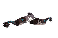 NEW! Showman Men's size brown steel spur with silver desert overlay and teal marble studs