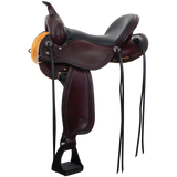 Brown leather saddle with black leather seat on a white background